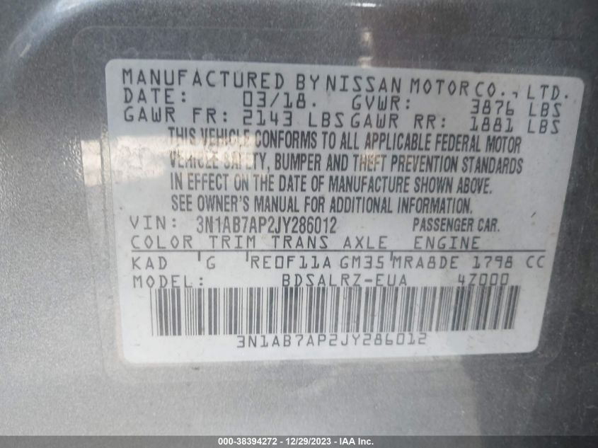 2018 NISSAN SENTRA S/SV/SR/SL - 3N1AB7AP2JY286012