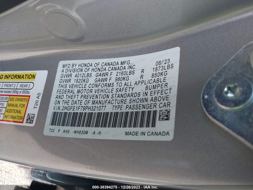 VIN 2HGFE1F79PH321077 2023 HONDA CIVIC EX /EX W/O BSI