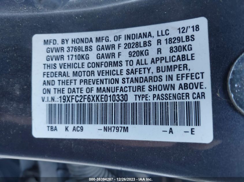 2019 HONDA CIVIC LX - 19XFC2F6XKE010330