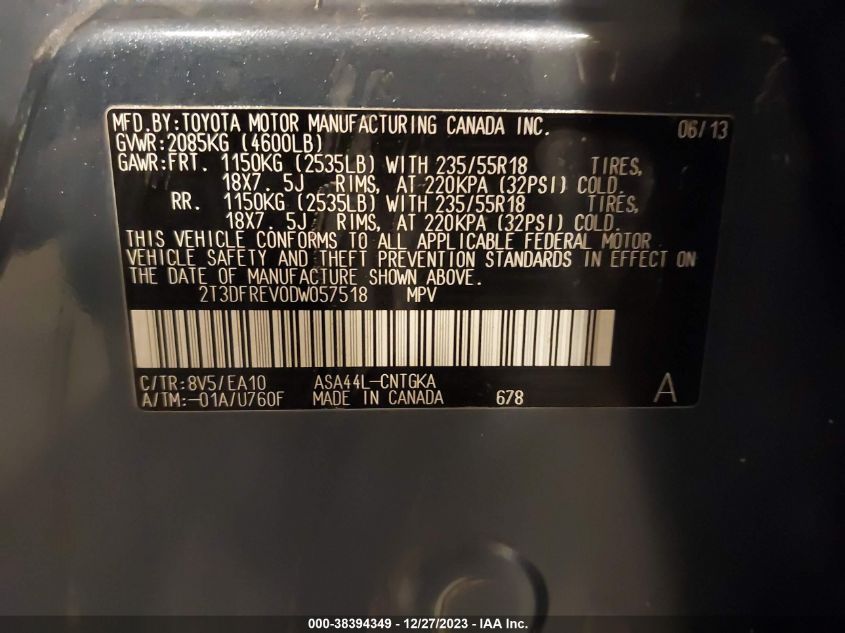 2013 TOYOTA RAV4 LIMITED - 2T3DFREV0DW057518