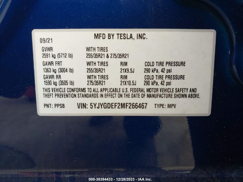 2021 TESLA MODEL Y PERFORMANCE DUAL MOTOR ALL-WHEEL DRIVE - 5YJYGDEF2MF266467