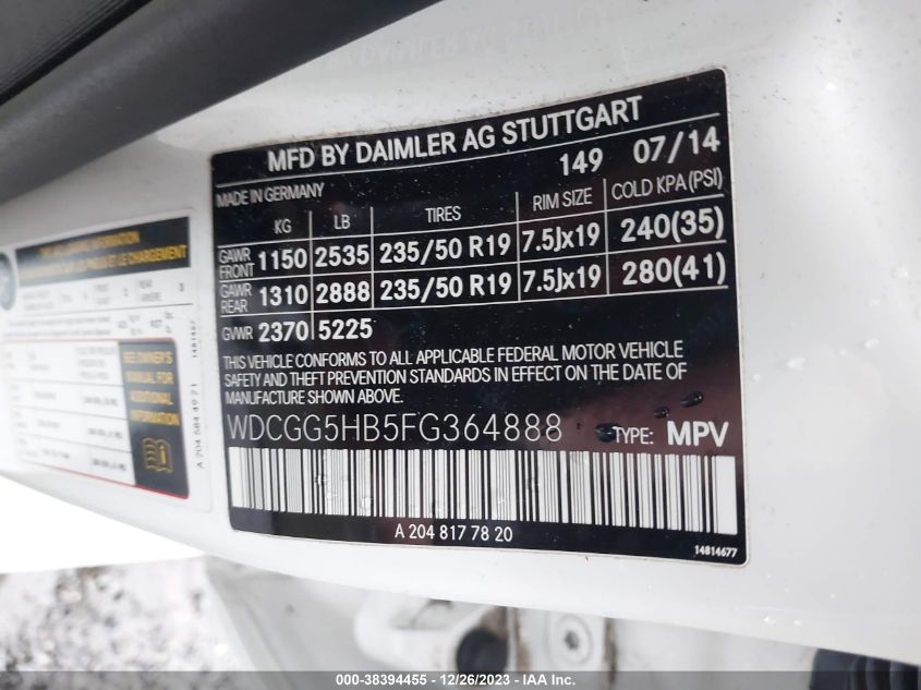 2015 MERCEDES-BENZ GLK 350 WDCGG5HB5FG364888