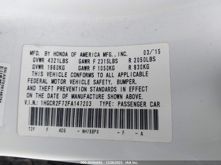 2015 HONDA ACCORD EX - 1HGCR2F72FA147203