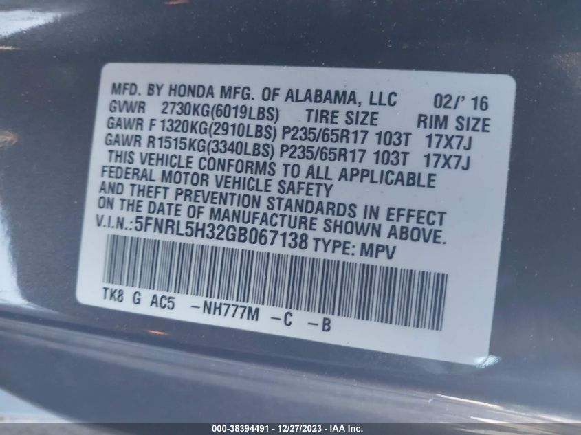 5FNRL5H32GB067138 2016 HONDA ODYSSEY, photo no. 9