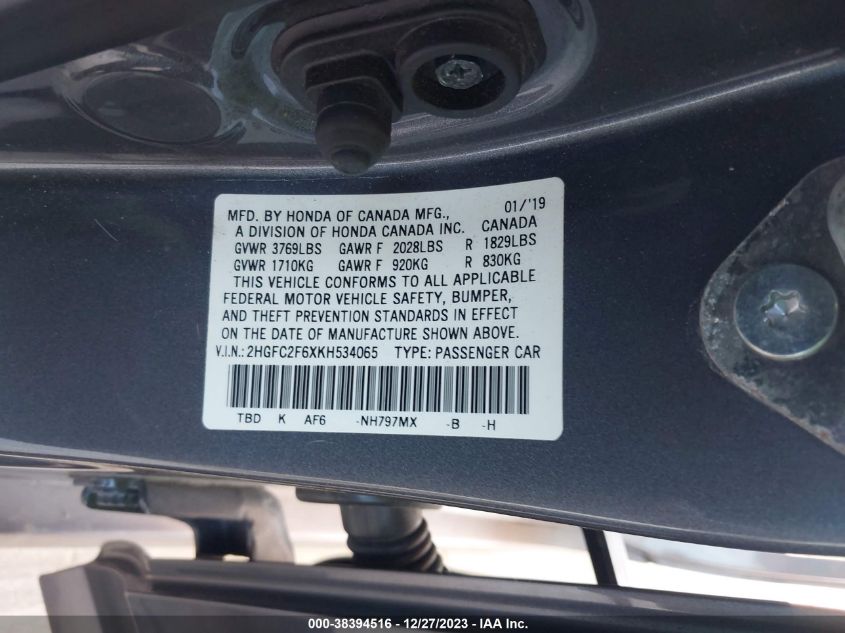 VIN 2HGFC2F6XKH534065 2019 HONDA CIVIC LX