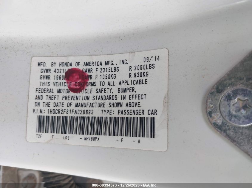 2015 HONDA ACCORD EX-L - 1HGCR2F81FA020693