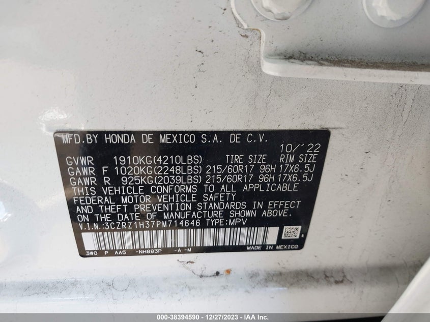 VIN 3CZRZ1H37PM714646 2023 HONDA HR-V LX