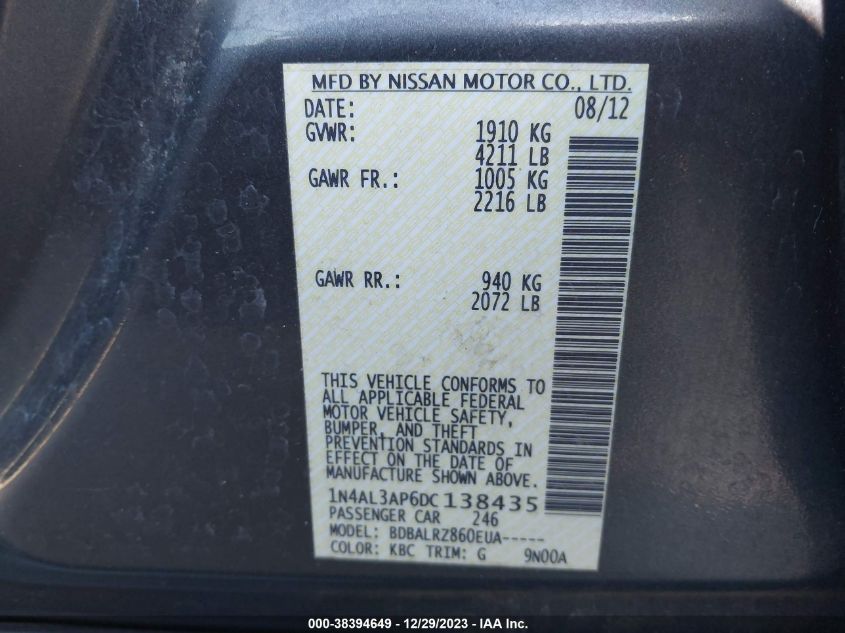 2013 NISSAN ALTIMA 2.5 S - 1N4AL3AP6DC138435