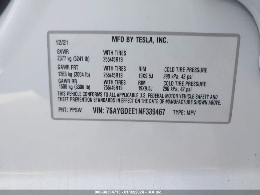 2022 TESLA MODEL Y LONG RANGE DUAL MOTOR ALL-WHEEL DRIVE - 7SAYGDEE1NF339467