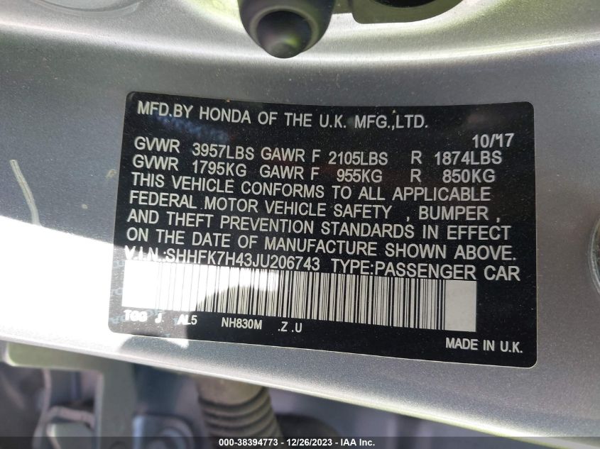 2018 HONDA CIVIC SPORT - SHHFK7H43JU206743