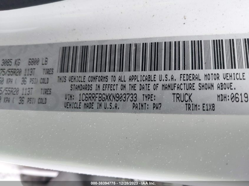 2019 RAM 1500 BIG HORN/LONE STAR - 1C6RRFBGXKN903733