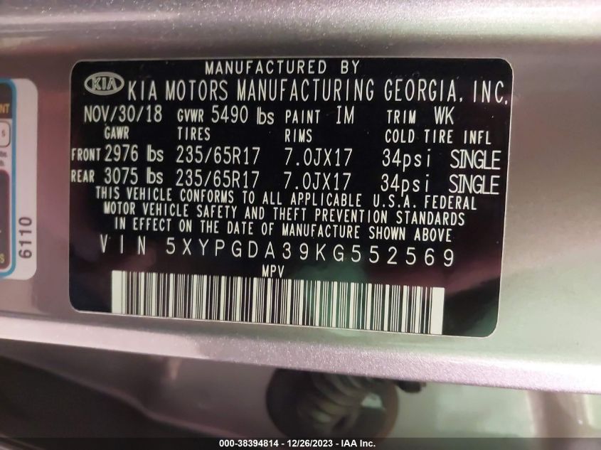 2019 KIA SORENTO 2.4L LX - 5XYPGDA39KG552569