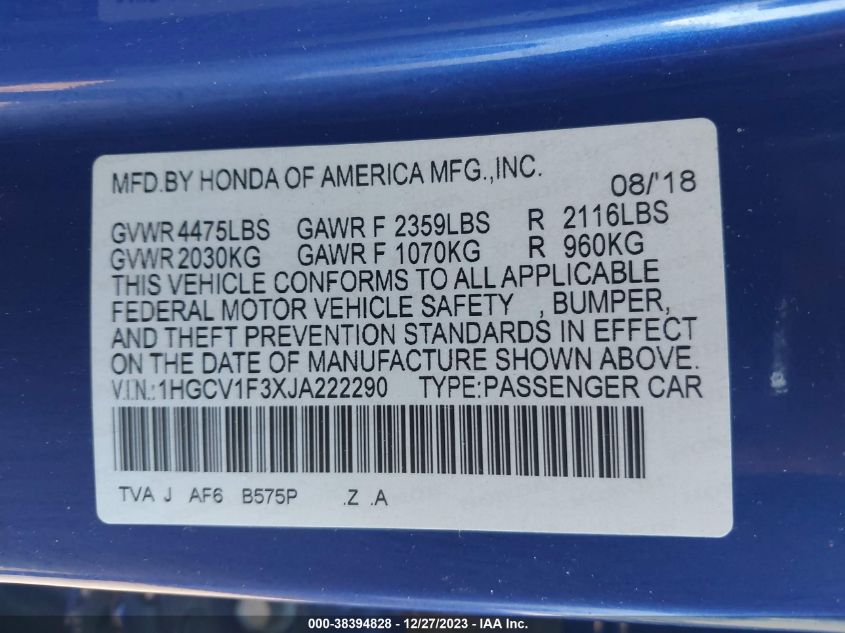 2018 HONDA ACCORD SPORT - 1HGCV1F3XJA222290