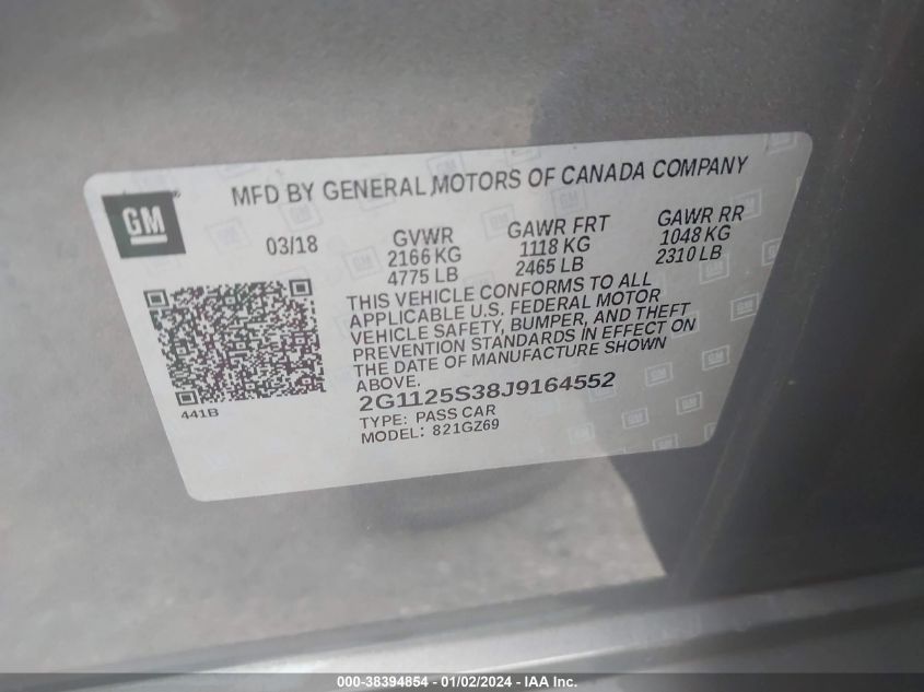 2018 CHEVROLET IMPALA 2LZ - 2G1125S38J9164552