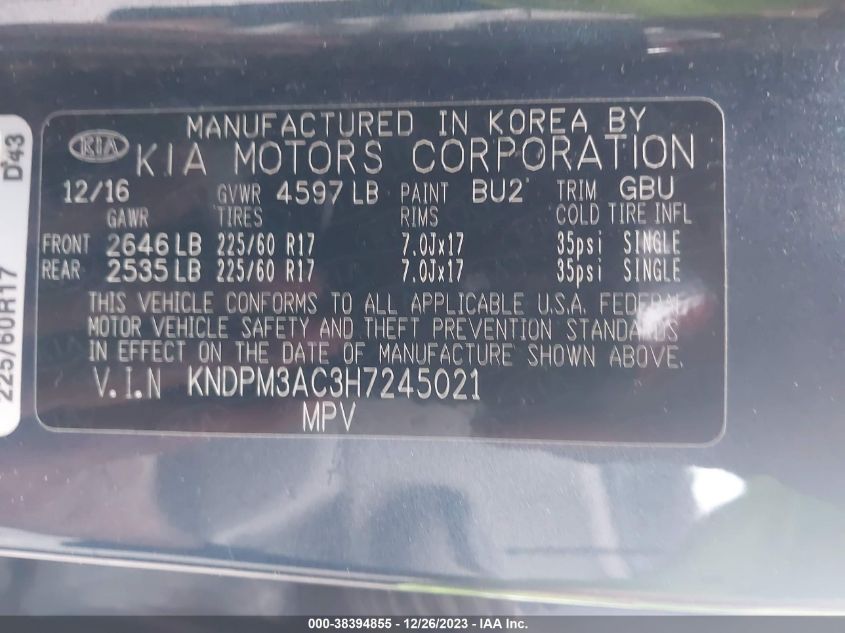 2017 KIA SPORTAGE LX - KNDPM3AC3H7245021