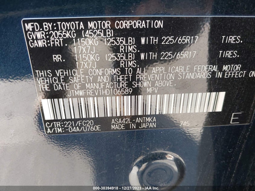 VIN JTMWFREV1HD106589 2017 TOYOTA RAV4 XLE