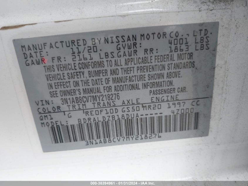 2021 NISSAN SENTRA SV XTRONIC CVT - 3N1AB8CV7MY218276