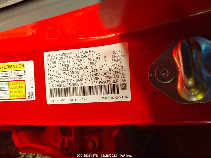 VIN 2HGFE2F53NH502810 2022 HONDA CIVIC SPORT