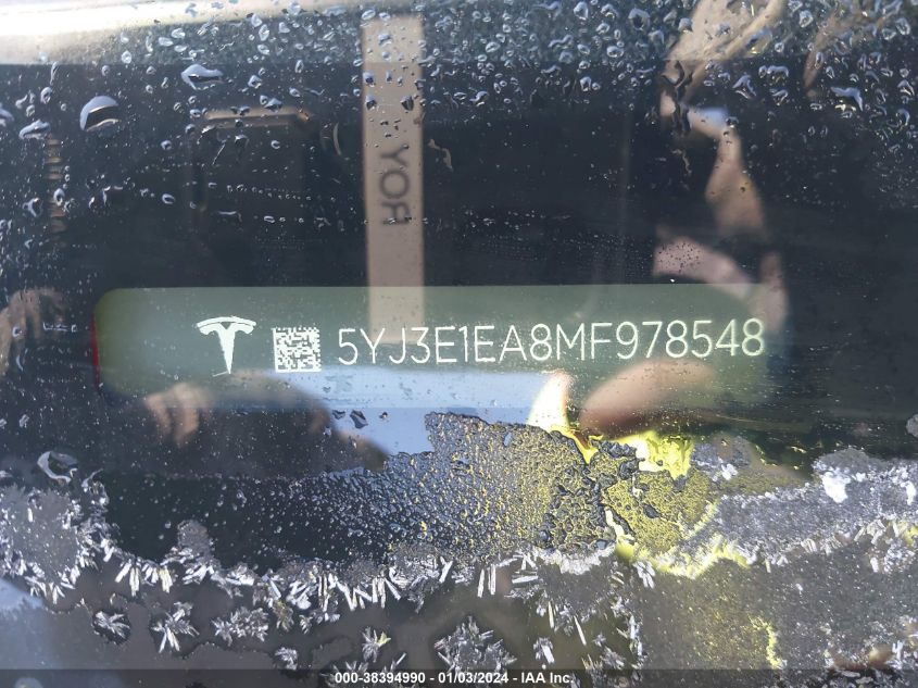 2021 TESLA MODEL 3 STANDARD RANGE PLUS REAR-WHEEL DRIVE - 5YJ3E1EA8MF978548