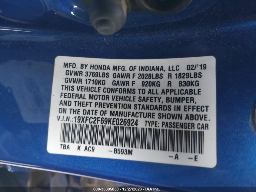 2019 HONDA CIVIC LX - 19XFC2F69KE026924