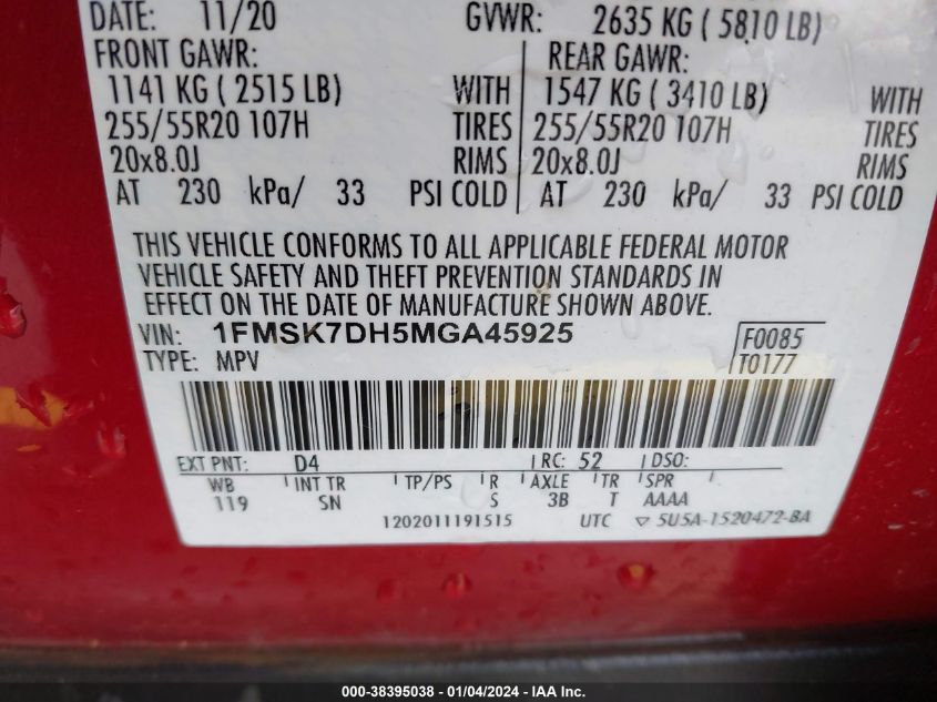 2021 FORD EXPLORER XLT - 1FMSK7DH5MGA45925