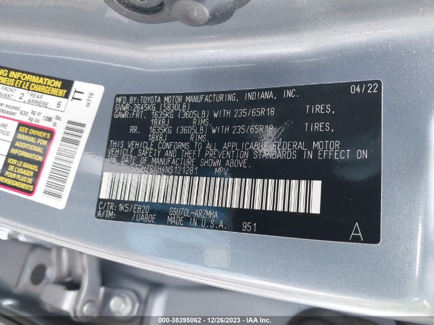 2022 TOYOTA HIGHLANDER XLE - 5TDHZRAH4NS121281