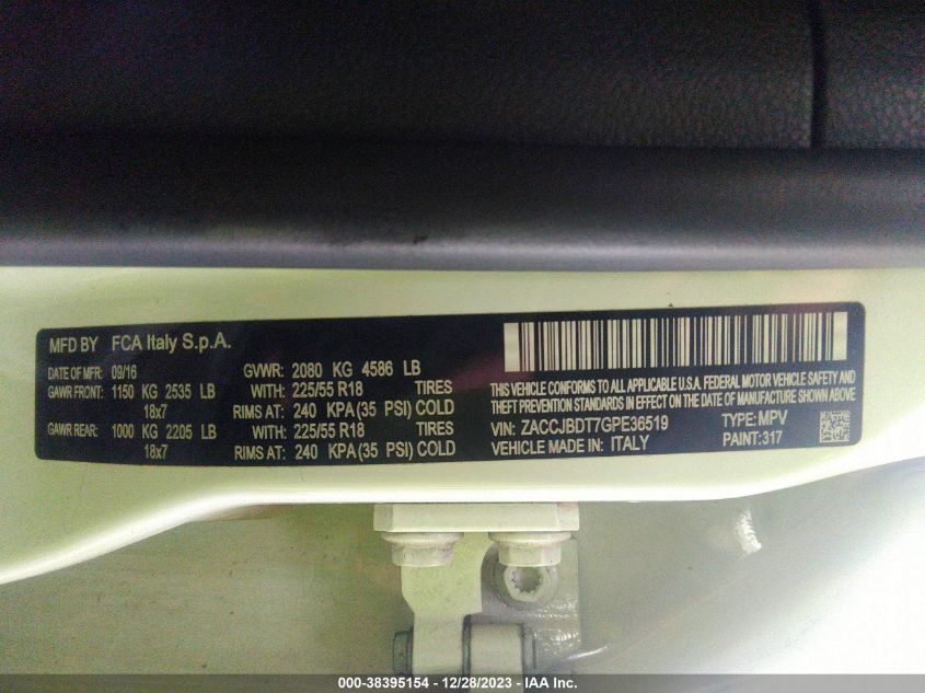 2016 JEEP RENEGADE LIMITED - ZACCJBDT7GPE36519