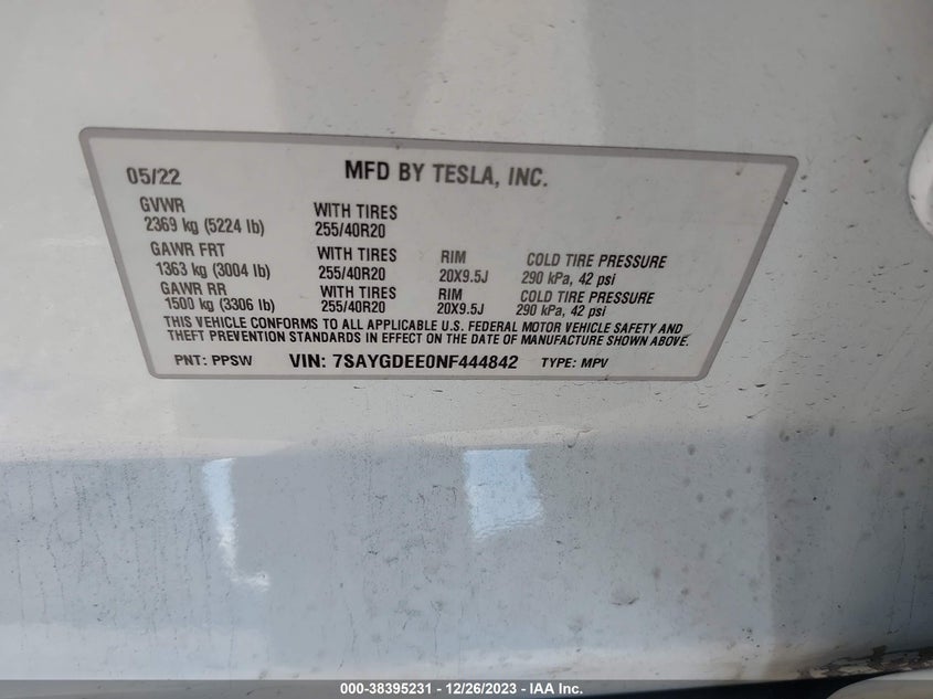 VIN 7SAYGDEE0NF444842 2022 TESLA MODEL Y LONG RANGE DUAL MOTOR ALL-WHEEL DRIVE