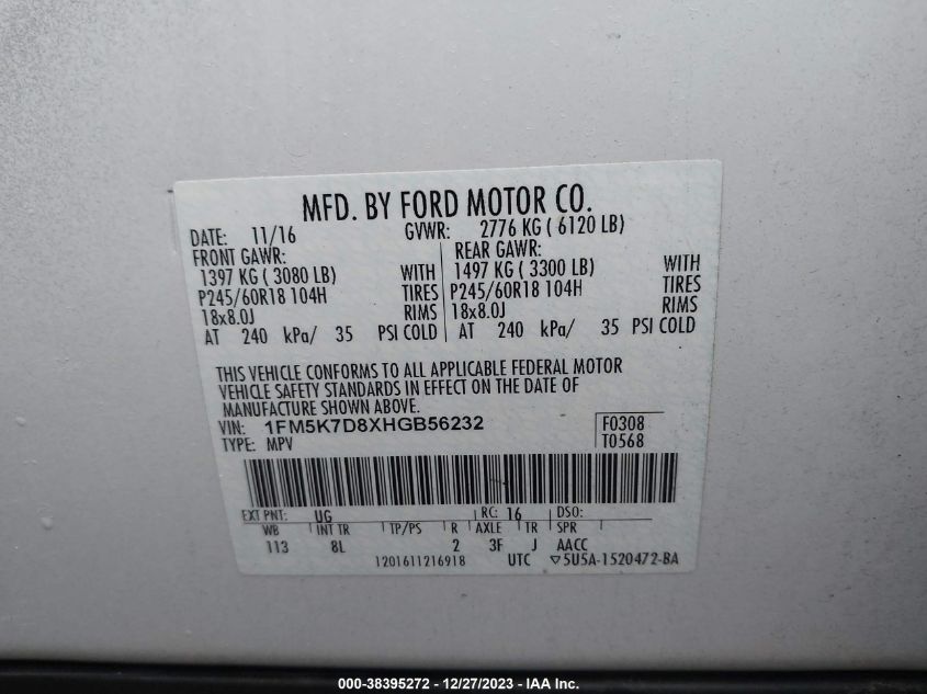 2017 FORD EXPLORER XLT - 1FM5K7D8XHGB56232