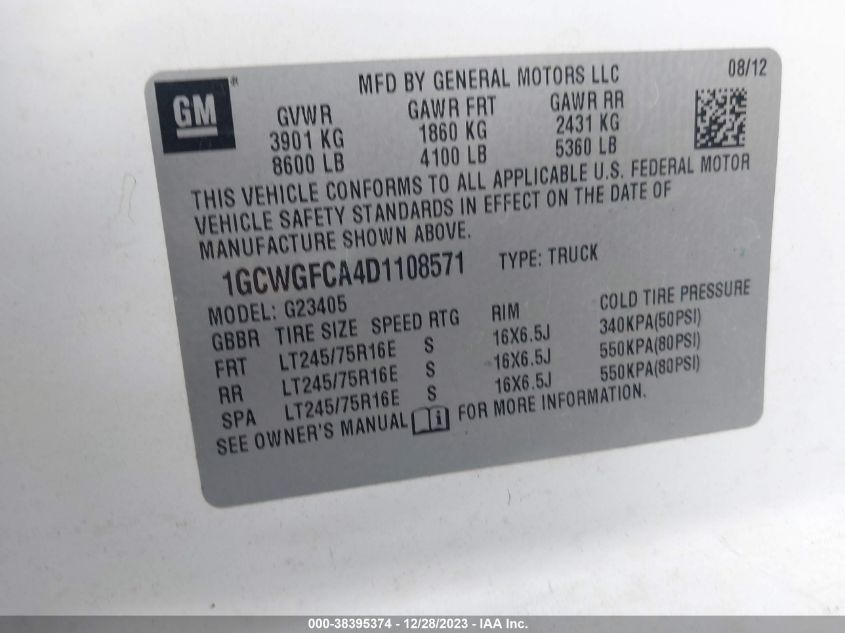 2013 CHEVROLET EXPRESS 2500 1GCWGFCA4D1108571