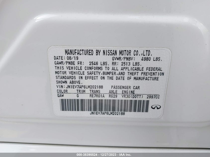 VIN JN1EV7AP6LM202188 2020 INFINITI Q50 PURE/LUXE/SPORT/EDITION 3