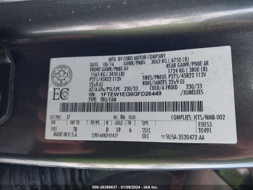 2016 FORD F-150 LIMITED - 1FTEW1EG9GFD26449