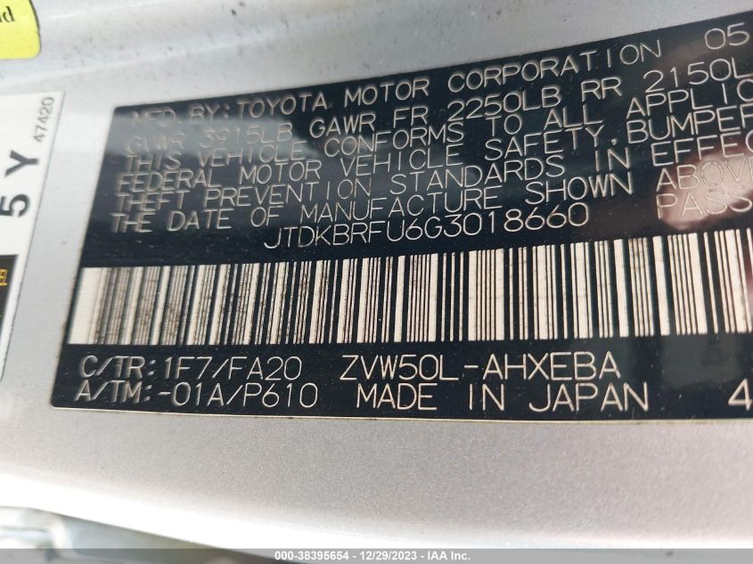 2016 TOYOTA PRIUS - JTDKBRFU6G3018660