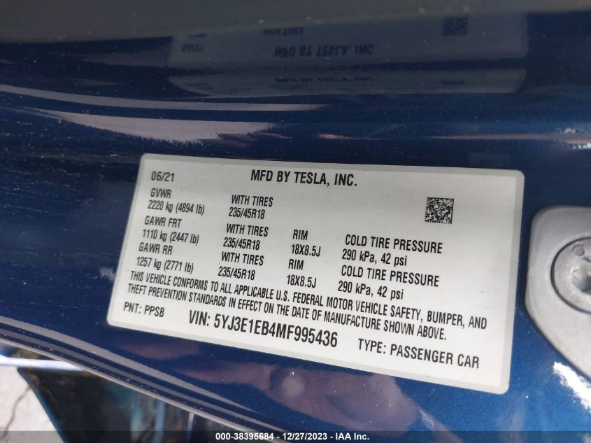 2021 TESLA MODEL 3 - 5YJ3E1EB4MF995436