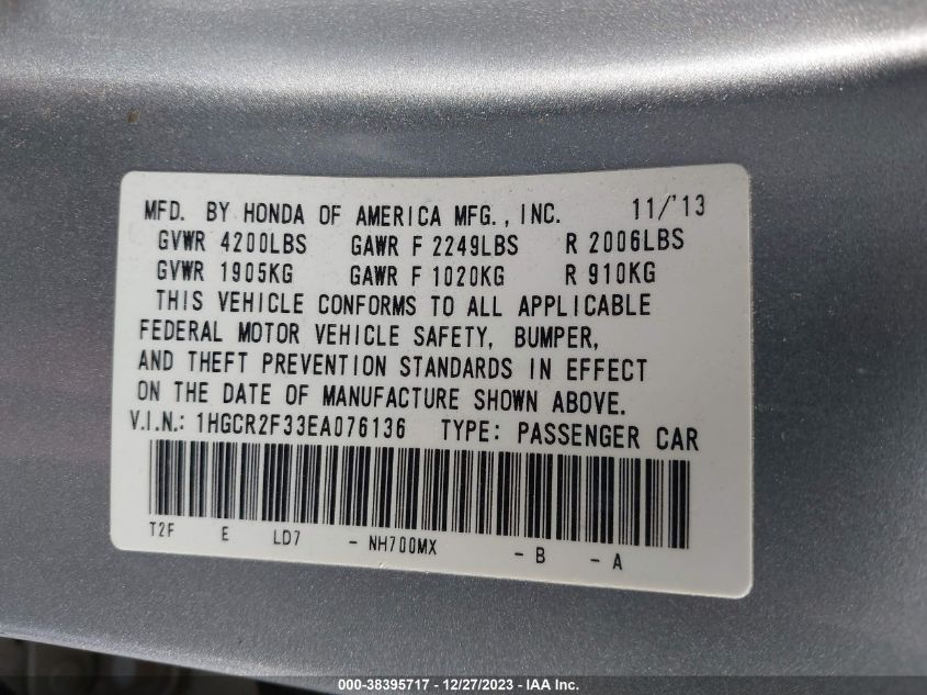 2014 HONDA ACCORD LX - 1HGCR2F33EA076136