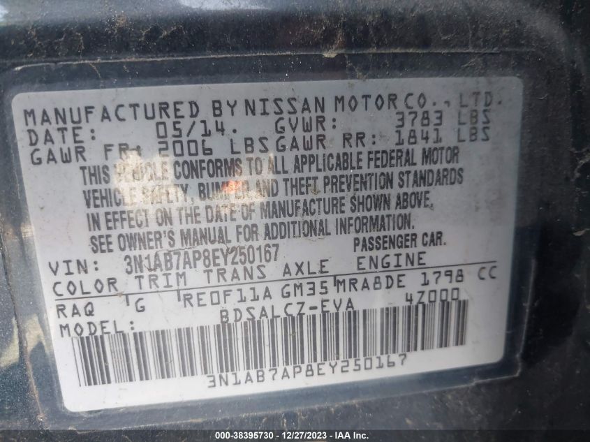 2014 NISSAN SENTRA S/SV/SR/SL - 3N1AB7AP8EY250167