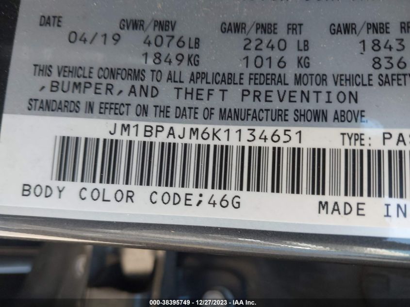 2019 MAZDA MAZDA3 - JM1BPAJM6K1134651