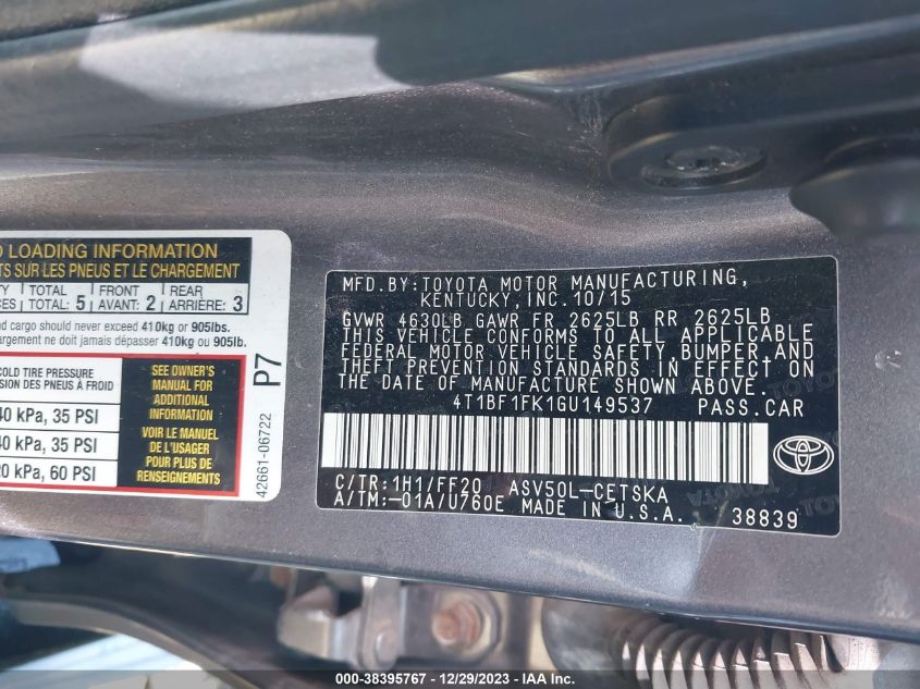 2016 TOYOTA CAMRY SE - 4T1BF1FK1GU149537
