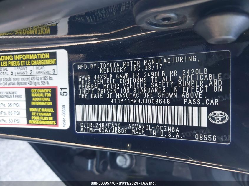 2018 TOYOTA CAMRY LE - 4T1B11HK8JU009648