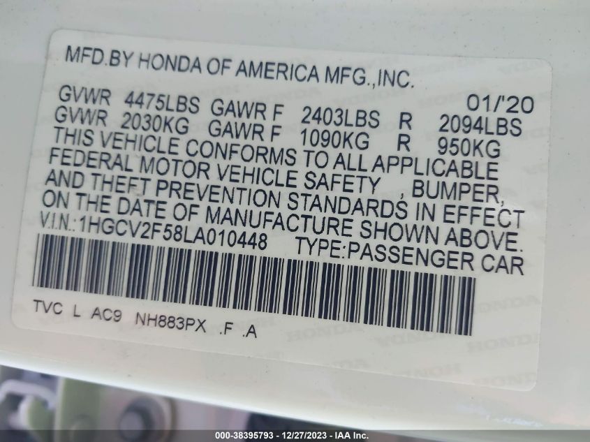 2020 HONDA ACCORD EXL - 1HGCV2F58LA010448