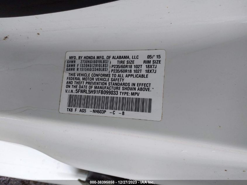 2015 HONDA ODYSSEY TOURING - 5FNRL5H91FB099033