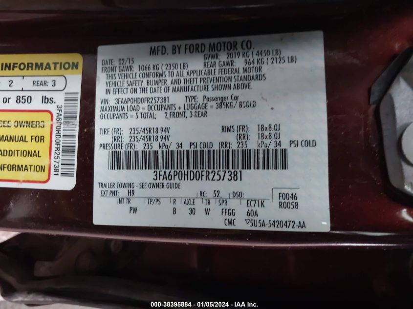 2015 FORD FUSION SE - 3FA6P0HD0FR257381