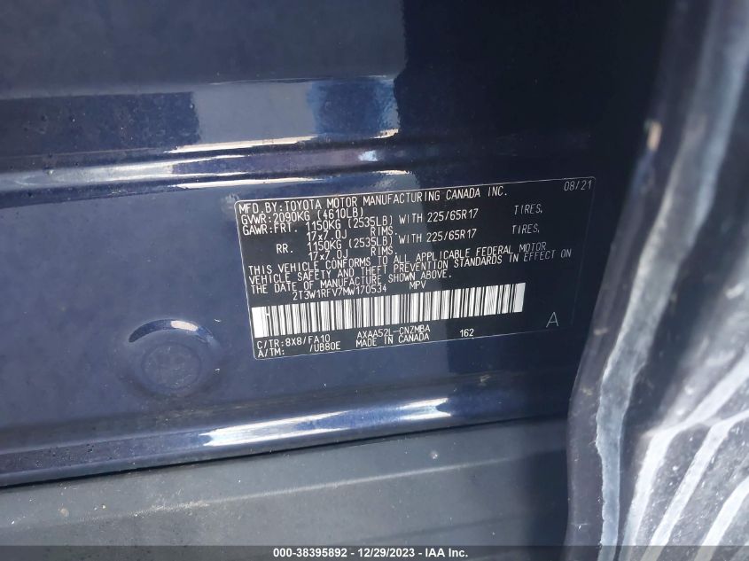 2021 TOYOTA RAV4 XLE/XLE PREMIUM - 2T3W1RFV7MW170534