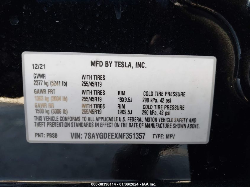 2022 TESLA MODEL Y LONG RANGE DUAL MOTOR ALL-WHEEL DRIVE - 7SAYGDEEXNF351357