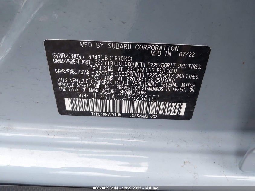 VIN JF2GTACC4P9234151 2023 SUBARU CROSSTREK PREMIUM