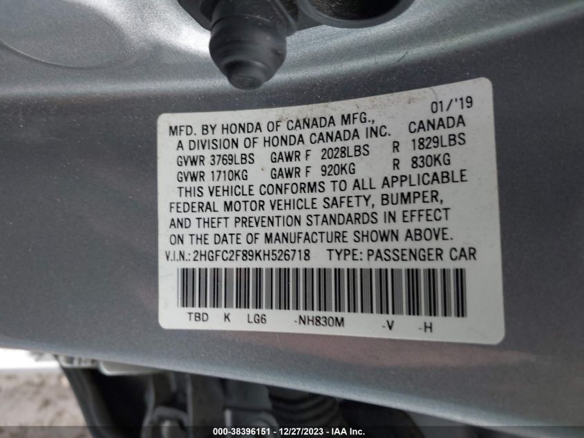 2019 HONDA CIVIC SPORT - 2HGFC2F89KH526718