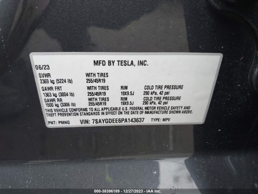 2023 TESLA MODEL Y AWD/LONG RANGE DUAL MOTOR ALL-WHEEL DRIVE - 7SAYGDEE6PA143637