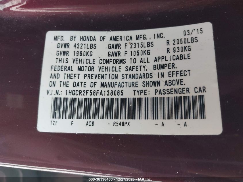2015 HONDA ACCORD SPORT - 1HGCR2F56FA138065