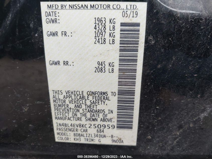 2019 NISSAN ALTIMA 2.5 SL - 1N4BL4EV8KC250959