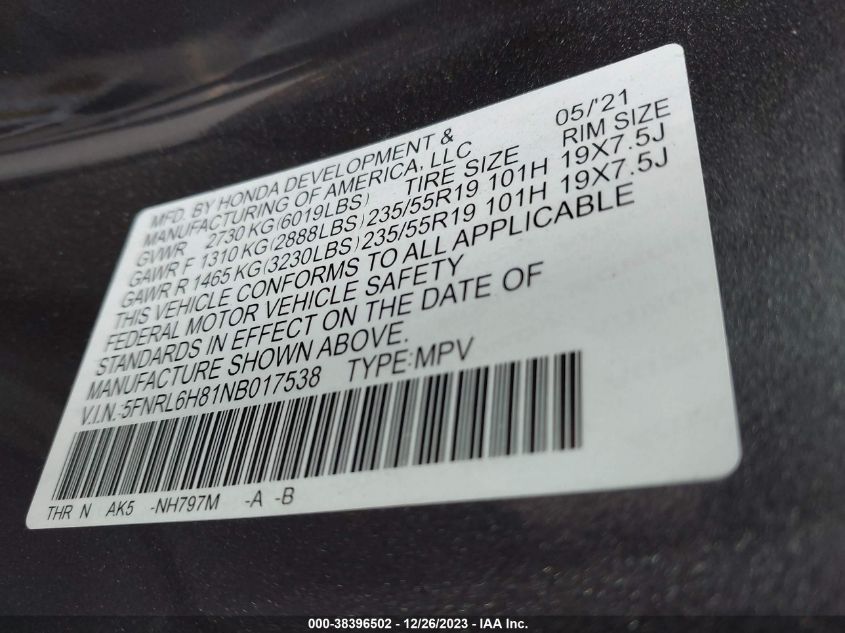 2022 HONDA ODYSSEY TOURING - 5FNRL6H81NB017538
